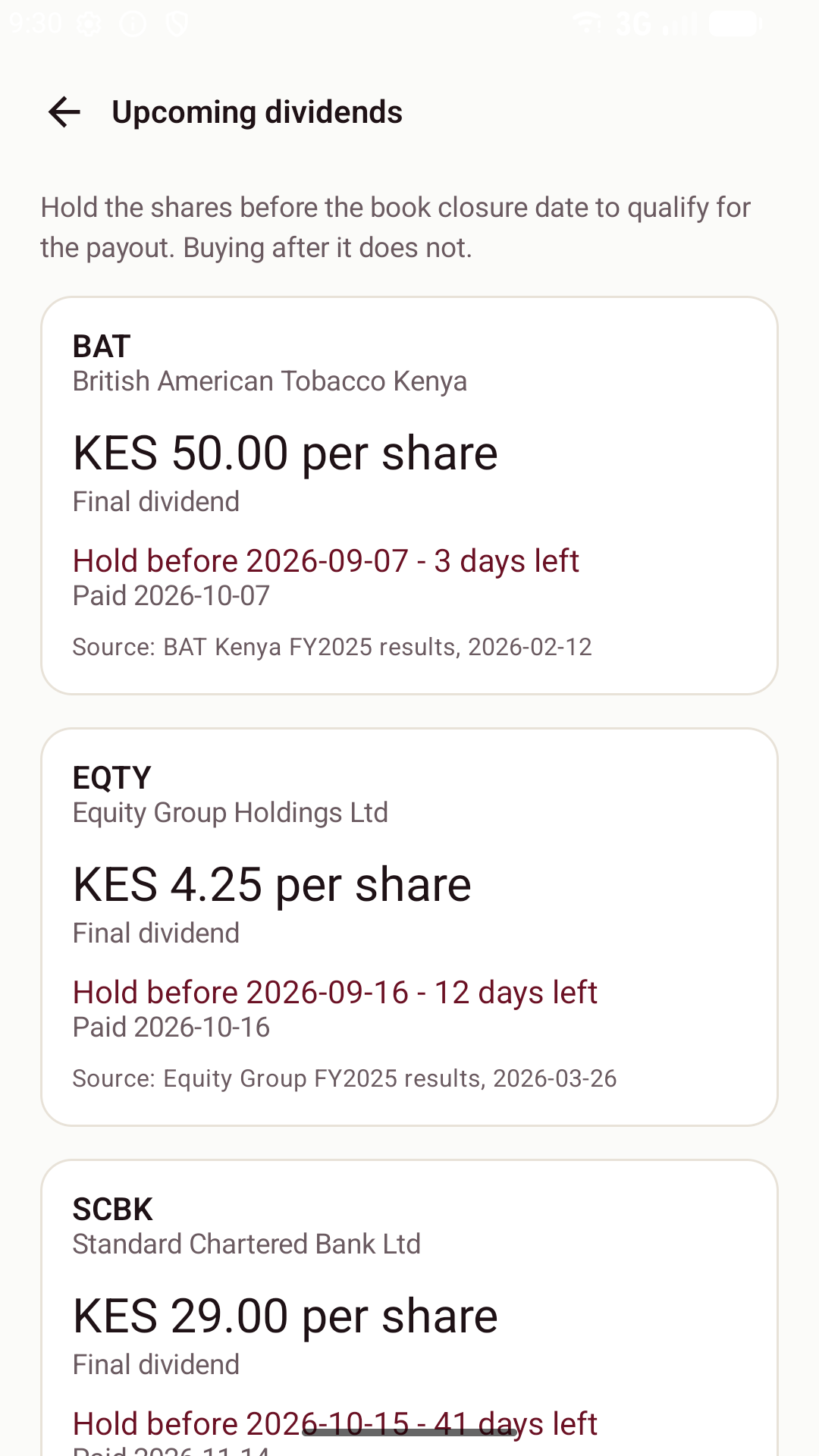 The upcoming dividends calendar, showing book closure deadlines