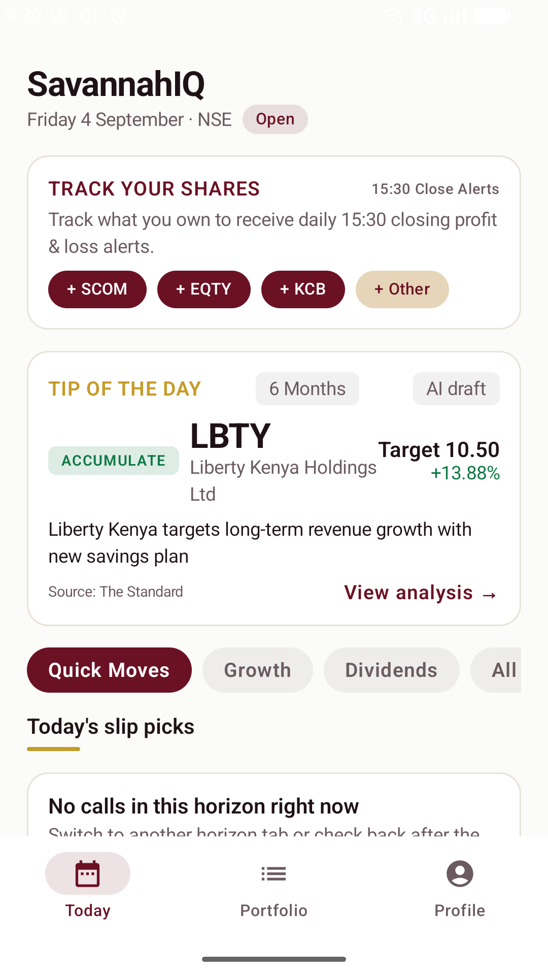 The SavannahIQ Today screen, showing the tip of the day for Liberty Kenya Holdings